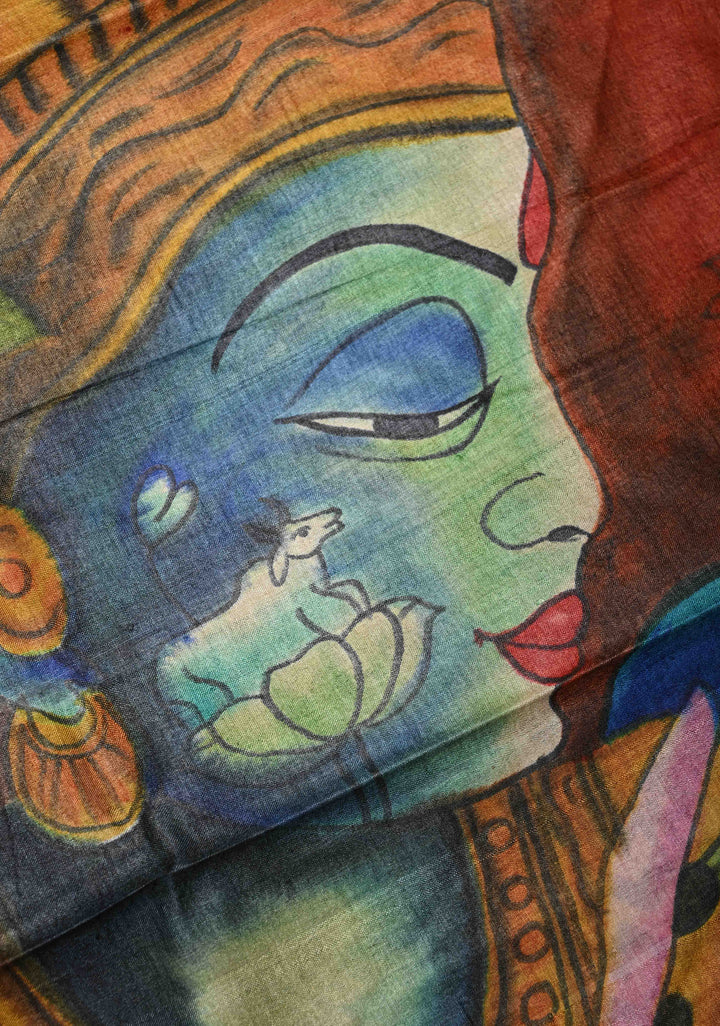 Brown Jari Tussar Silk saree with Ajrakh Design Block Print and Handpainted Krishna Face on Pallu | SILK MARK CERTIFIED