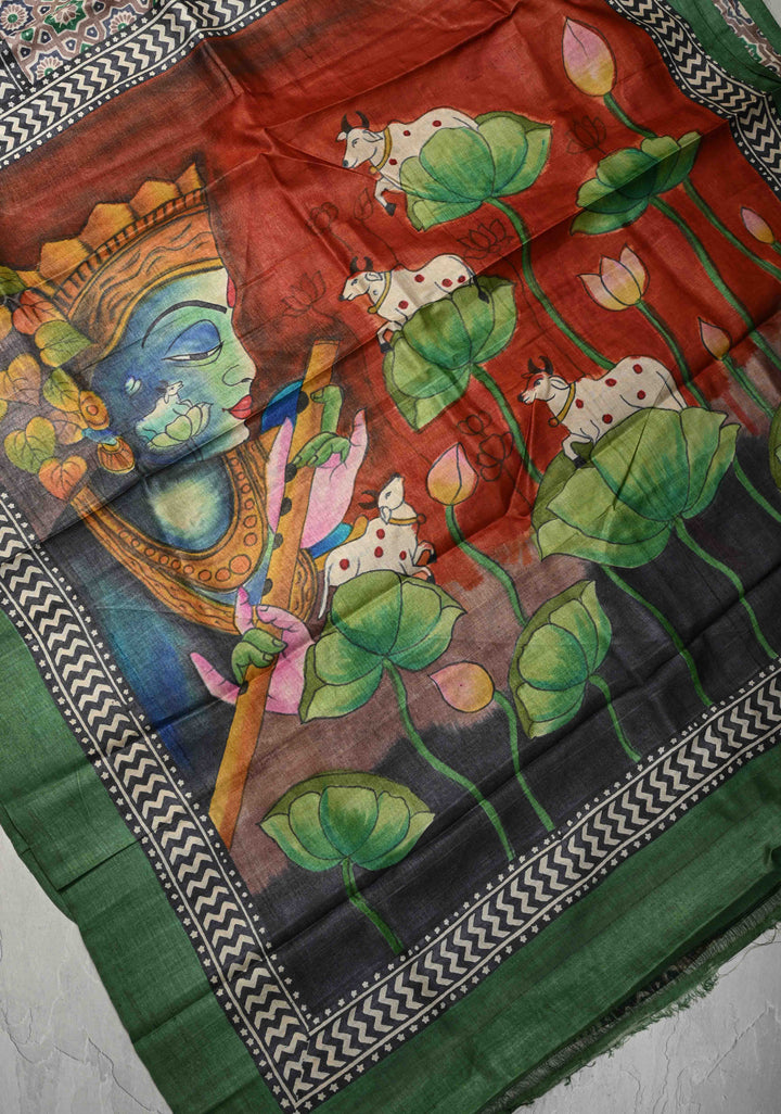 Brown Jari Tussar Silk saree with Ajrakh Design Block Print and Handpainted Krishna Face on Pallu | SILK MARK CERTIFIED
