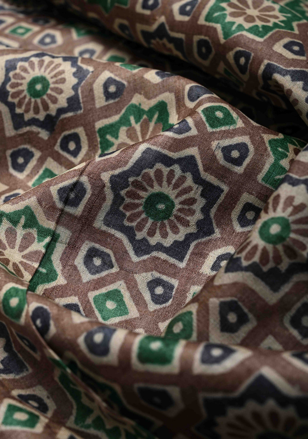 Brown Jari Tussar Silk saree with Ajrakh Design Block Print and Handpainted Krishna Face on Pallu | SILK MARK CERTIFIED