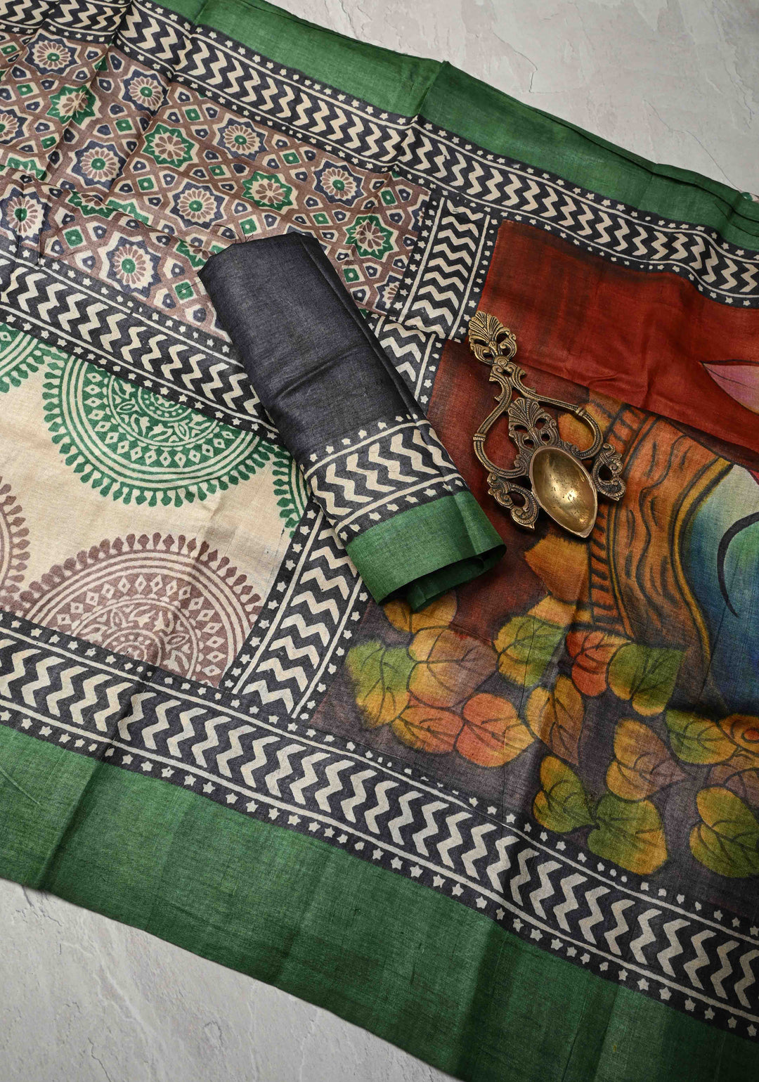 Brown Jari Tussar Silk saree with Ajrakh Design Block Print and Handpainted Krishna Face on Pallu | SILK MARK CERTIFIED