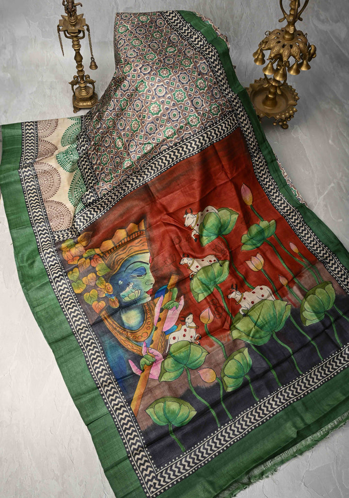 Brown Jari Tussar Silk saree with Ajrakh Design Block Print and Handpainted Krishna Face on Pallu | SILK MARK CERTIFIED