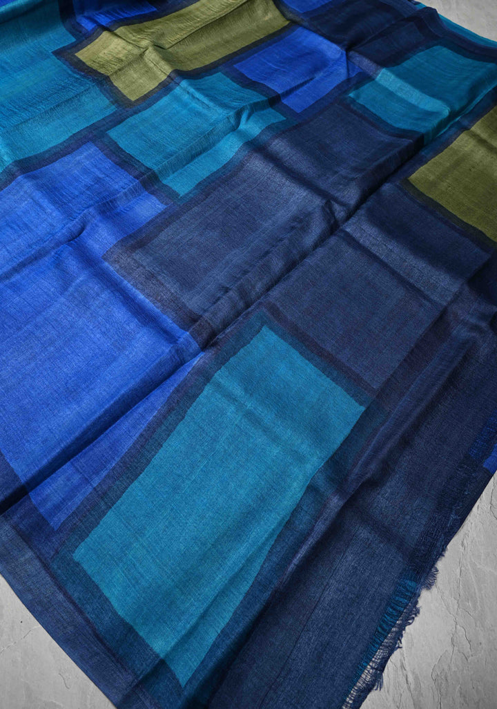 Contemporary Shades of Blue Tussar Silk saree with Digital Print | SILK MARK CERTIFIED