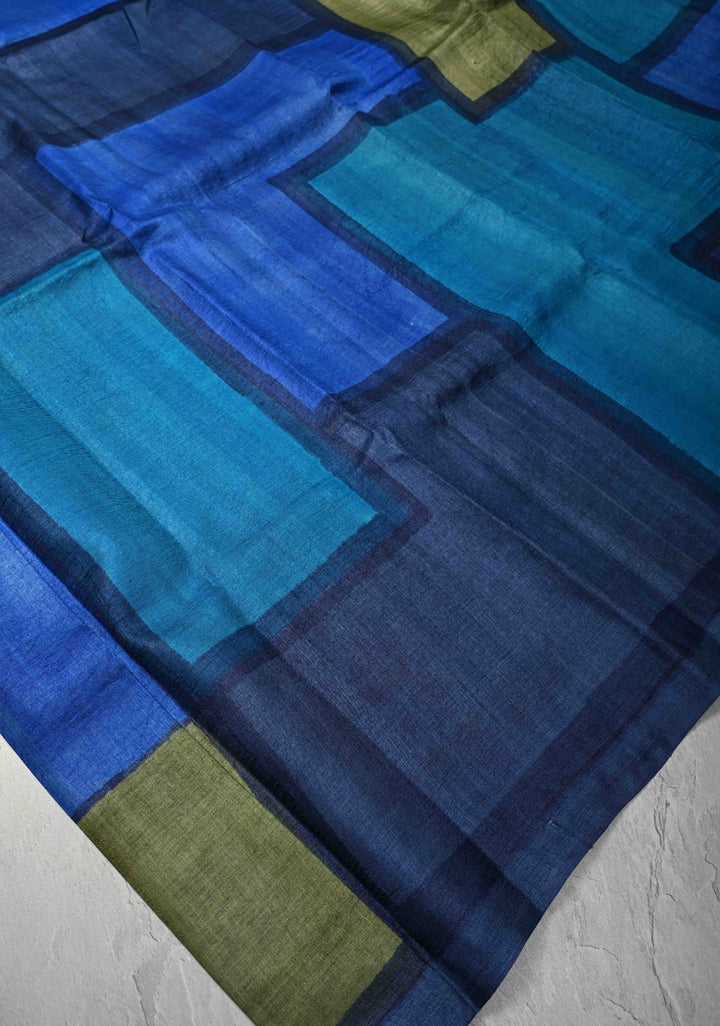 Contemporary Shades of Blue Tussar Silk saree with Digital Print | SILK MARK CERTIFIED