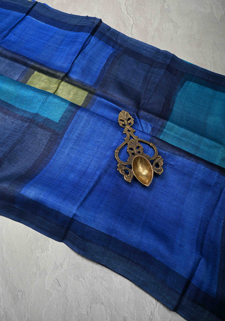 Contemporary Shades of Blue Tussar Silk saree with Digital Print | SILK MARK CERTIFIED