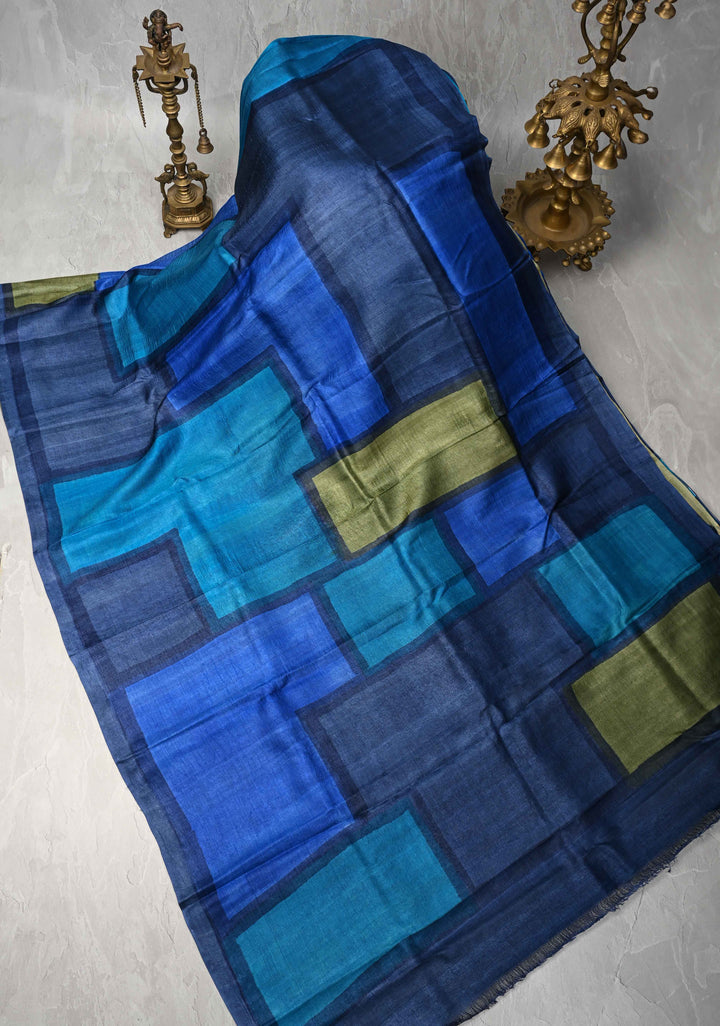 Contemporary Shades of Blue Tussar Silk saree with Digital Print | SILK MARK CERTIFIED