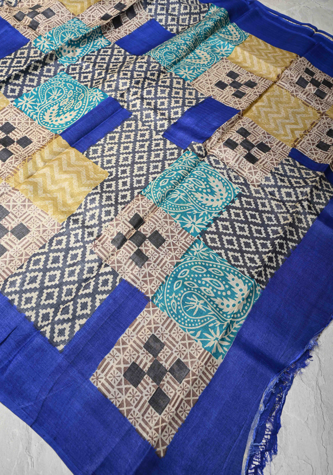 Collage design Jari Tussar Silk saree with Contemporary Geometric Handblock Print | SILK MARK CERTIFIED