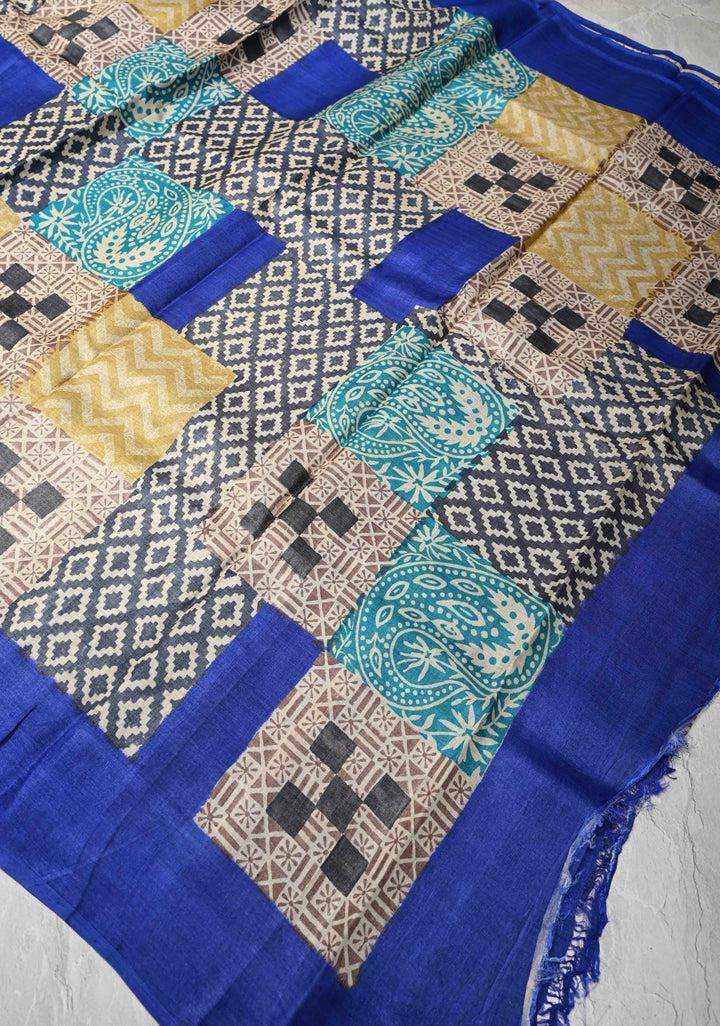 Collage design Jari Tussar Silk saree with Contemporary Geometric Handblock Print | SILK MARK CERTIFIED
