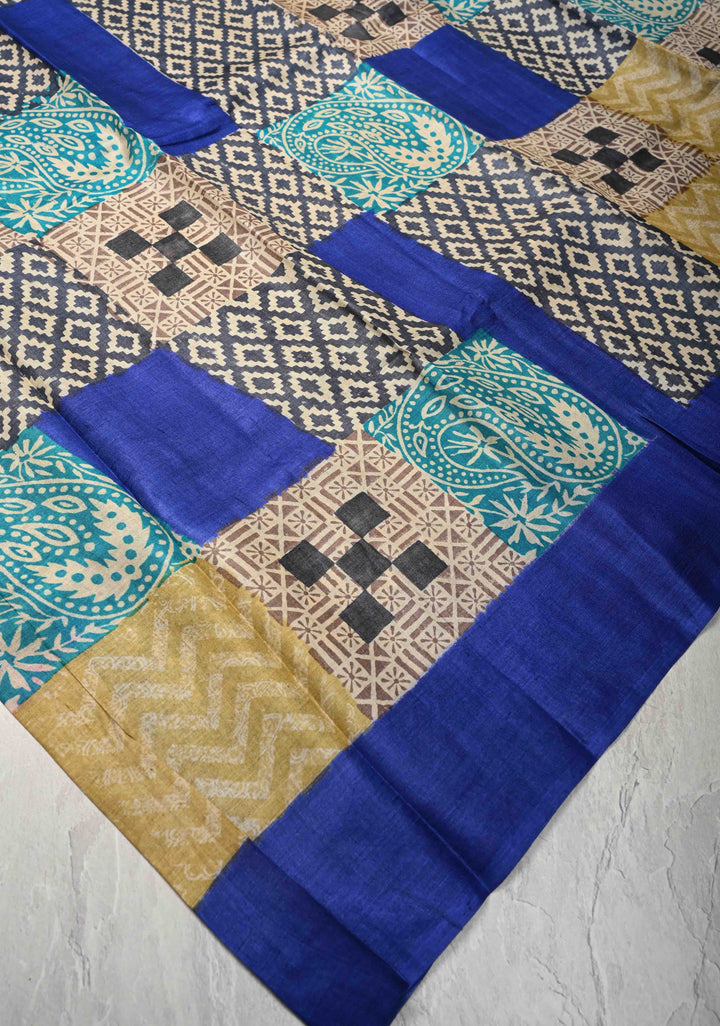 Collage design Jari Tussar Silk saree with Contemporary Geometric Handblock Print | SILK MARK CERTIFIED