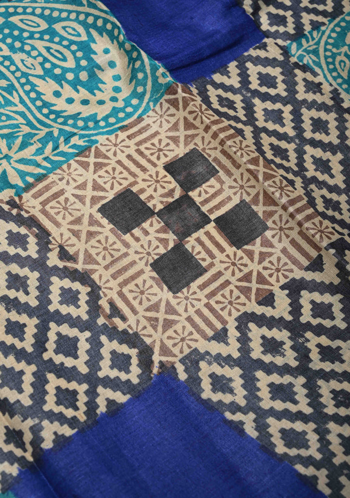 Collage design Jari Tussar Silk saree with Contemporary Geometric Handblock Print | SILK MARK CERTIFIED