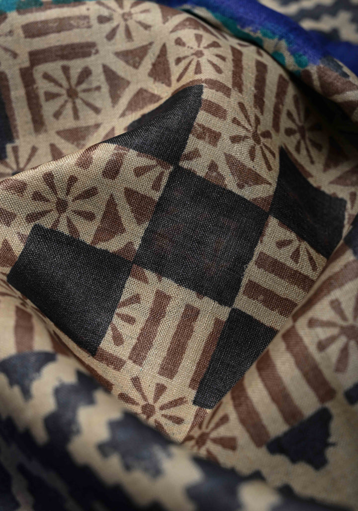 Collage design Jari Tussar Silk saree with Contemporary Geometric Handblock Print | SILK MARK CERTIFIED