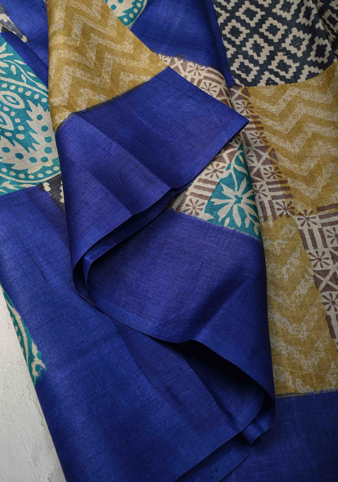 Collage design Jari Tussar Silk saree with Contemporary Geometric Handblock Print | SILK MARK CERTIFIED