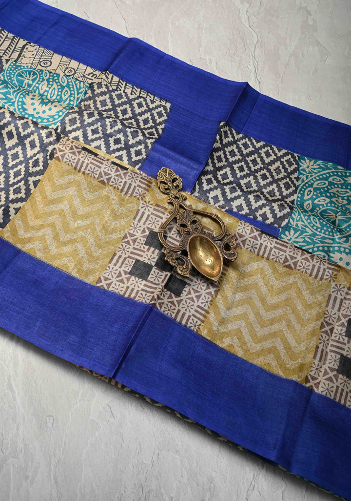 Collage design Jari Tussar Silk saree with Contemporary Geometric Handblock Print | SILK MARK CERTIFIED