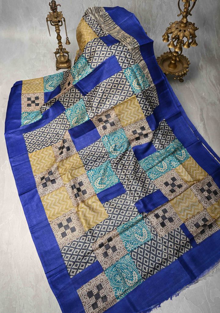 Collage design Jari Tussar Silk saree with Contemporary Geometric Handblock Print | SILK MARK CERTIFIED