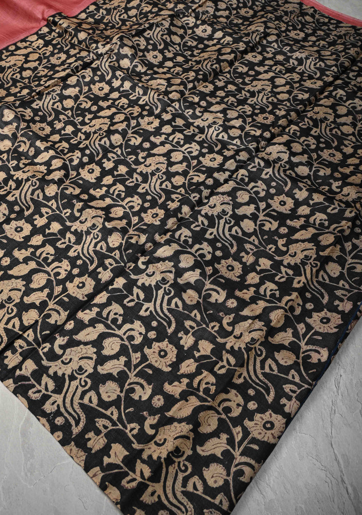 Dusty Rose Tussar Silk Saree with Kalamakari Handblock Print on Border and pallu | SILK MARK CERTIFIED