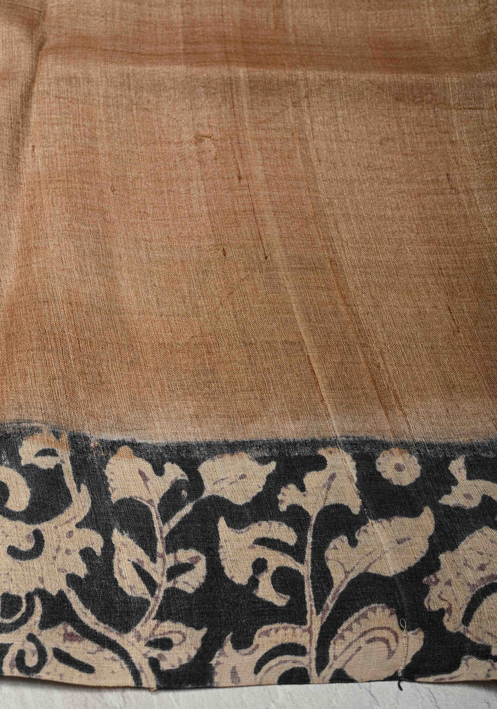 Dusty Rose Tussar Silk Saree with Kalamakari Handblock Print on Border and pallu | SILK MARK CERTIFIED