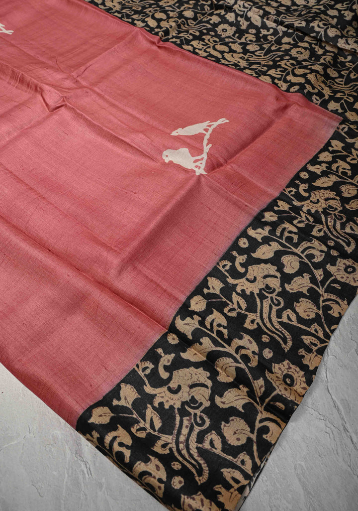 Dusty Rose Tussar Silk Saree with Kalamakari Handblock Print on Border and pallu | SILK MARK CERTIFIED