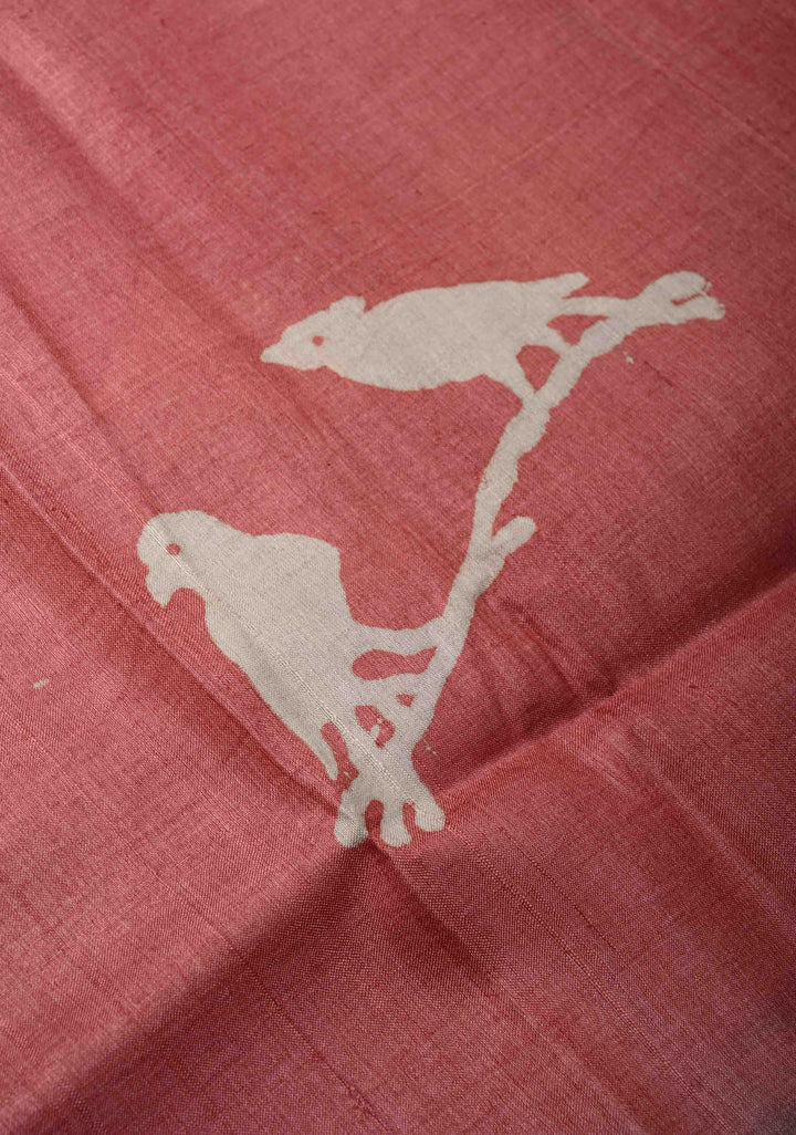 Dusty Rose Tussar Silk Saree with Kalamakari Handblock Print on Border and pallu | SILK MARK CERTIFIED