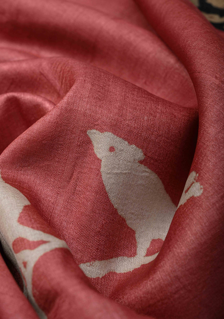 Dusty Rose Tussar Silk Saree with Kalamakari Handblock Print on Border and pallu | SILK MARK CERTIFIED