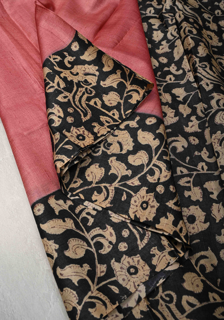 Dusty Rose Tussar Silk Saree with Kalamakari Handblock Print on Border and pallu | SILK MARK CERTIFIED