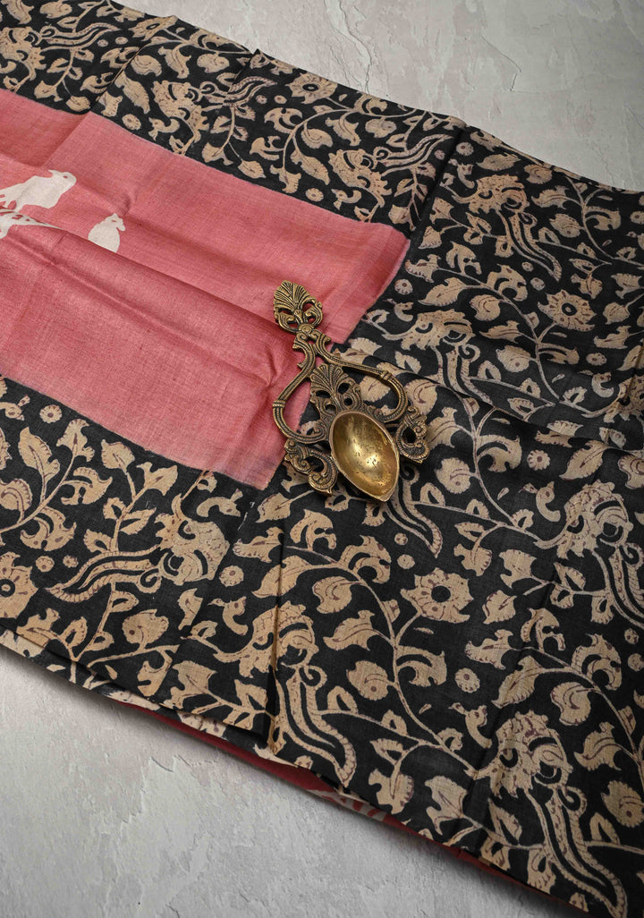 Dusty Rose Tussar Silk Saree with Kalamakari Handblock Print on Border and pallu | SILK MARK CERTIFIED