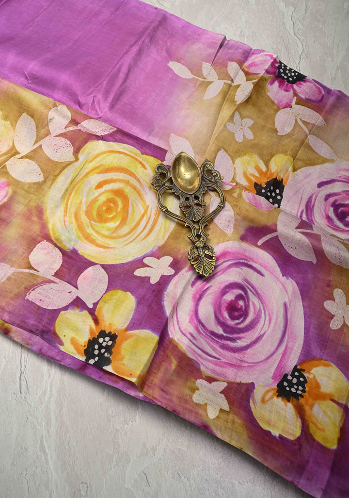 Lavender  Tussar Silk saree with Floral Digital Print | SILK MARK CERTIFIED