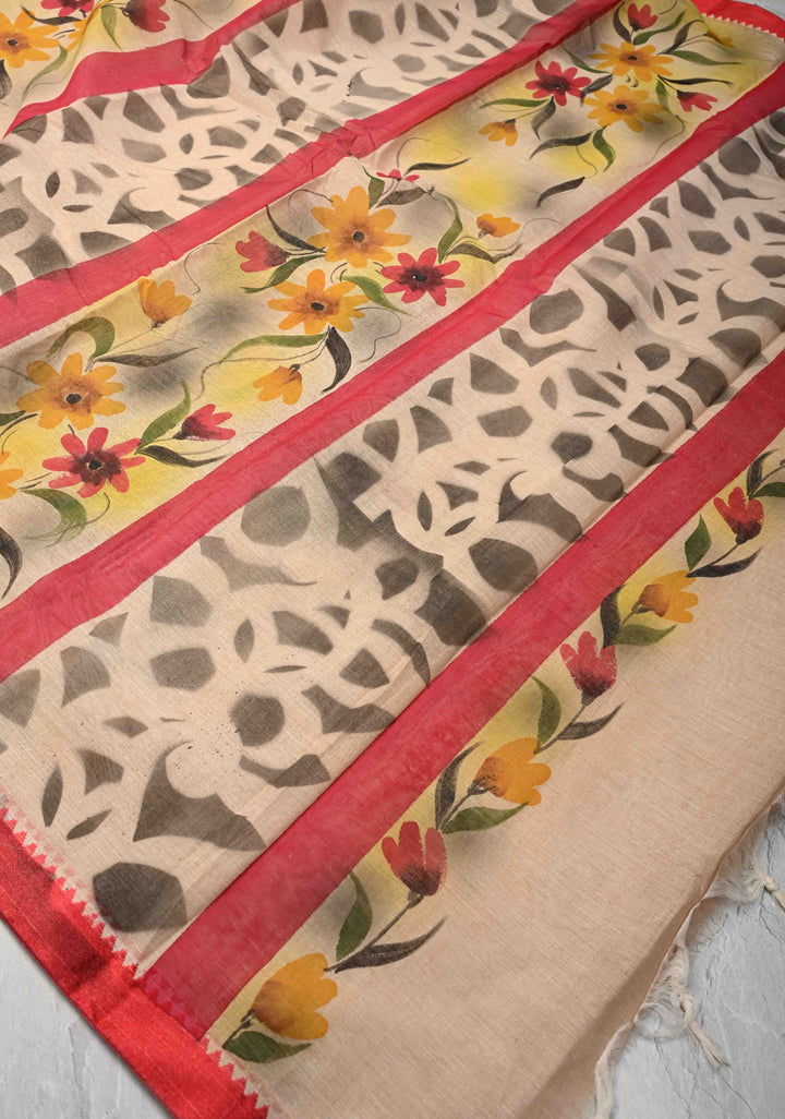 Beige Cotton Saree with Floral Handpainting and Minimal Borders , No Blouse Piece