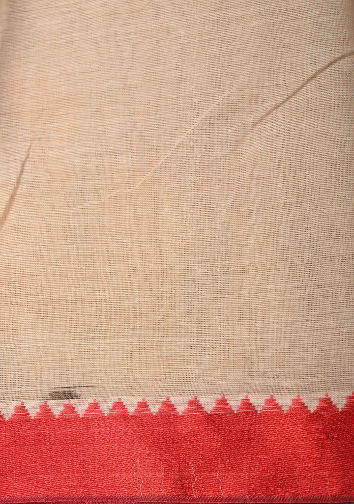Beige Cotton Saree with Floral Handpainting and Minimal Borders , No Blouse Piece