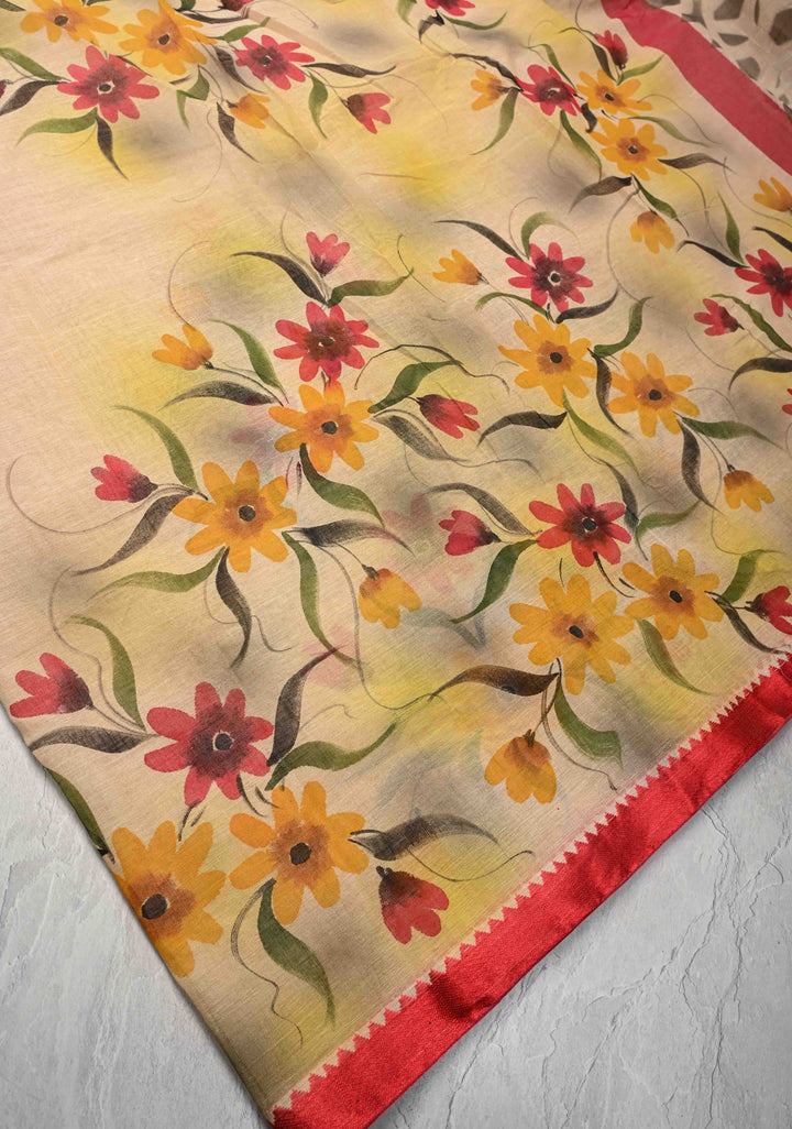 Beige Cotton Saree with Floral Handpainting and Minimal Borders , No Blouse Piece