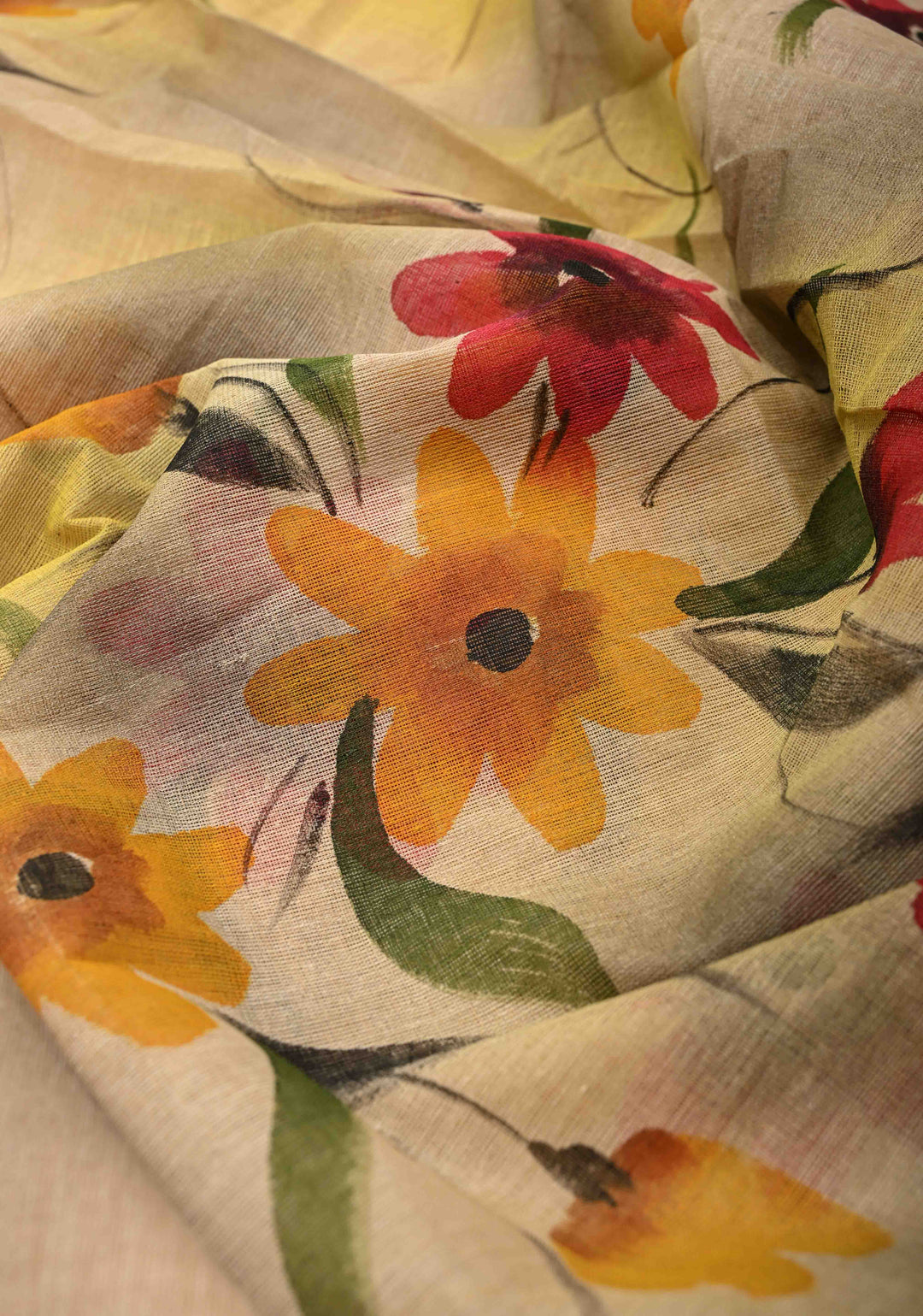 Beige Cotton Saree with Floral Handpainting and Minimal Borders , No Blouse Piece