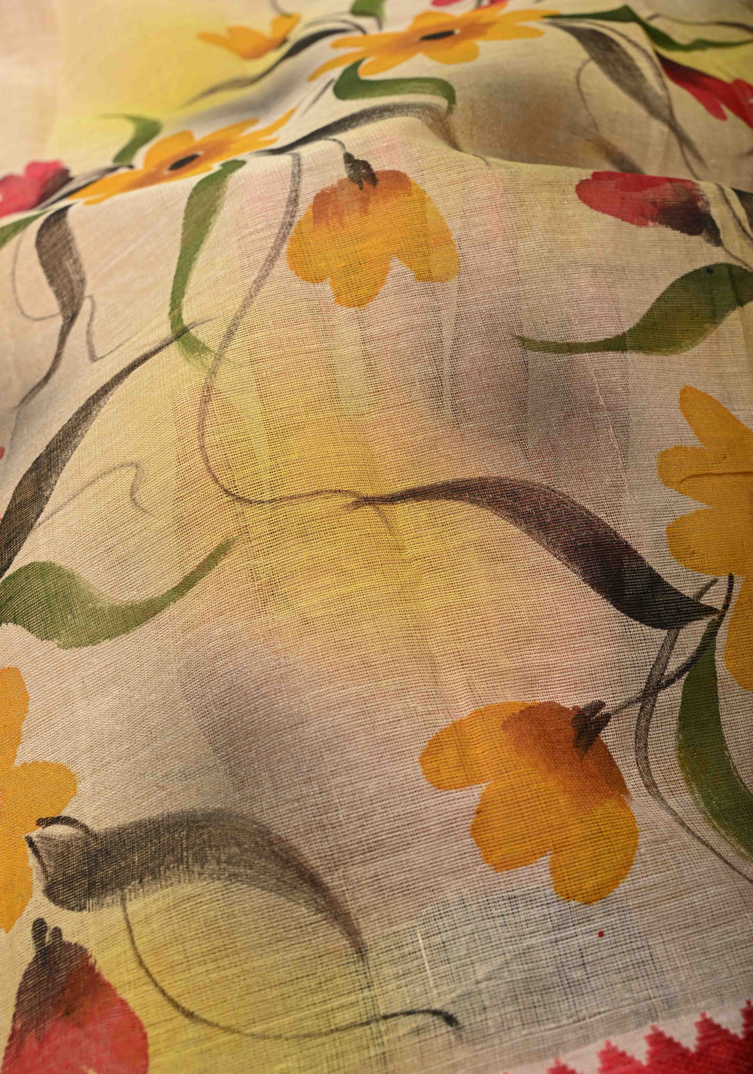 Beige Cotton Saree with Floral Handpainting and Minimal Borders , No Blouse Piece