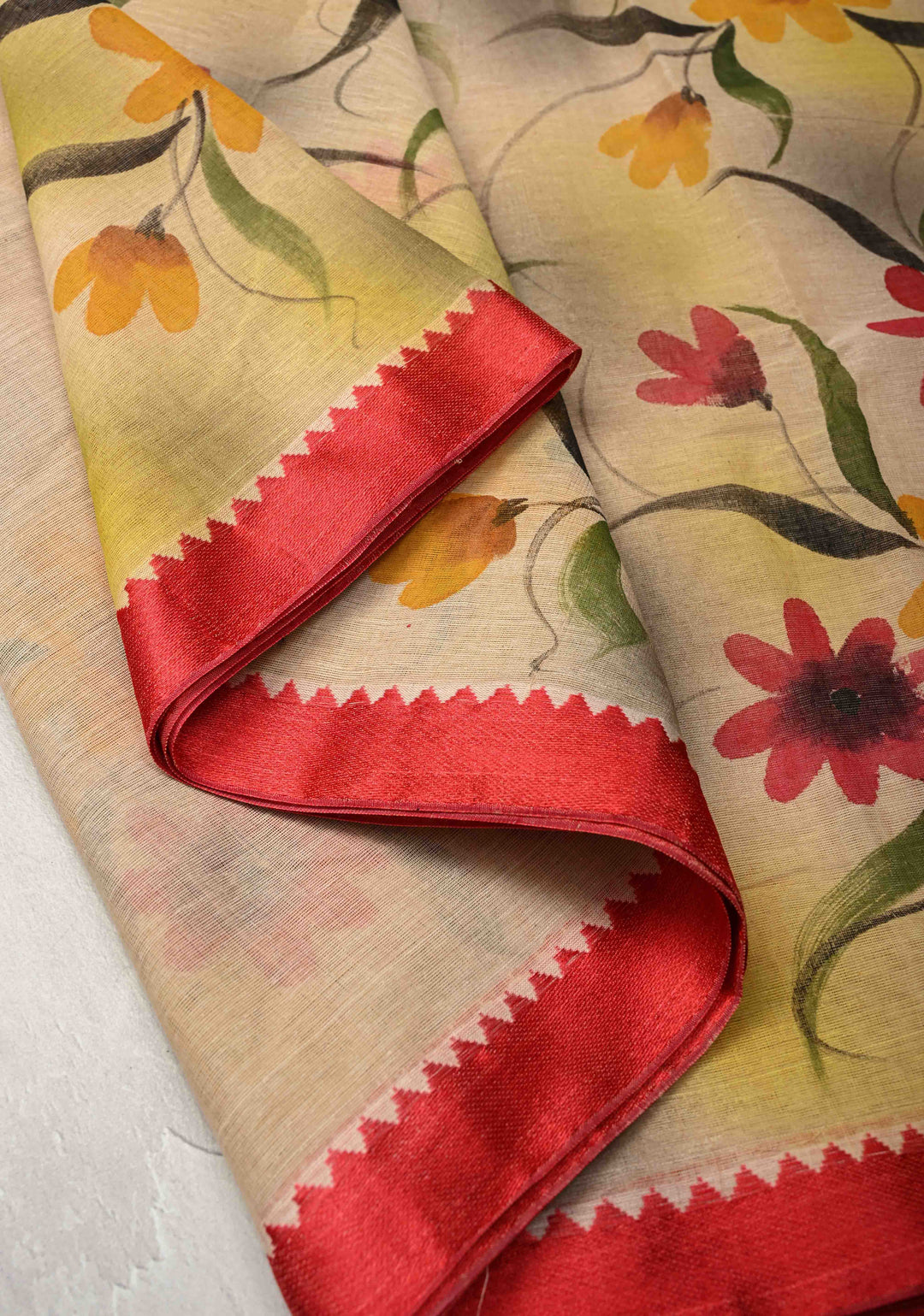Beige Cotton Saree with Floral Handpainting and Minimal Borders , No Blouse Piece