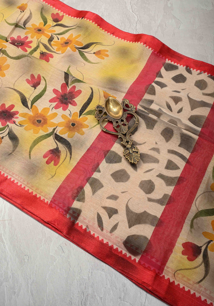 Beige Cotton Saree with Floral Handpainting and Minimal Borders , No Blouse Piece