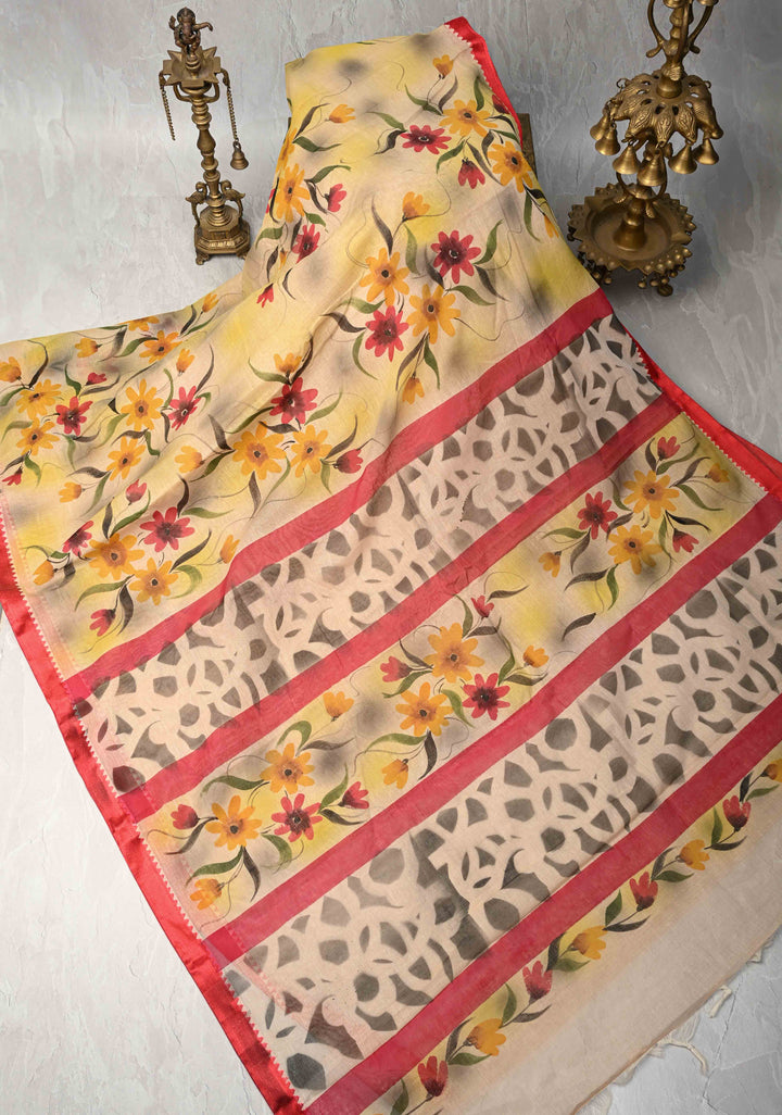 Beige Cotton Saree with Floral Handpainting and Minimal Borders , No Blouse Piece