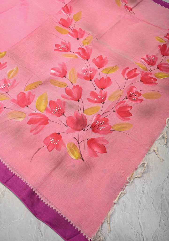 Pink Cotton Saree with Floral Handpainting and Minimal Borders , No Blouse Piece