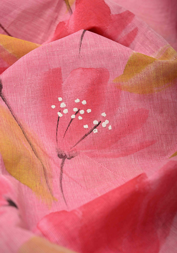 Pink Cotton Saree with Floral Handpainting and Minimal Borders , No Blouse Piece