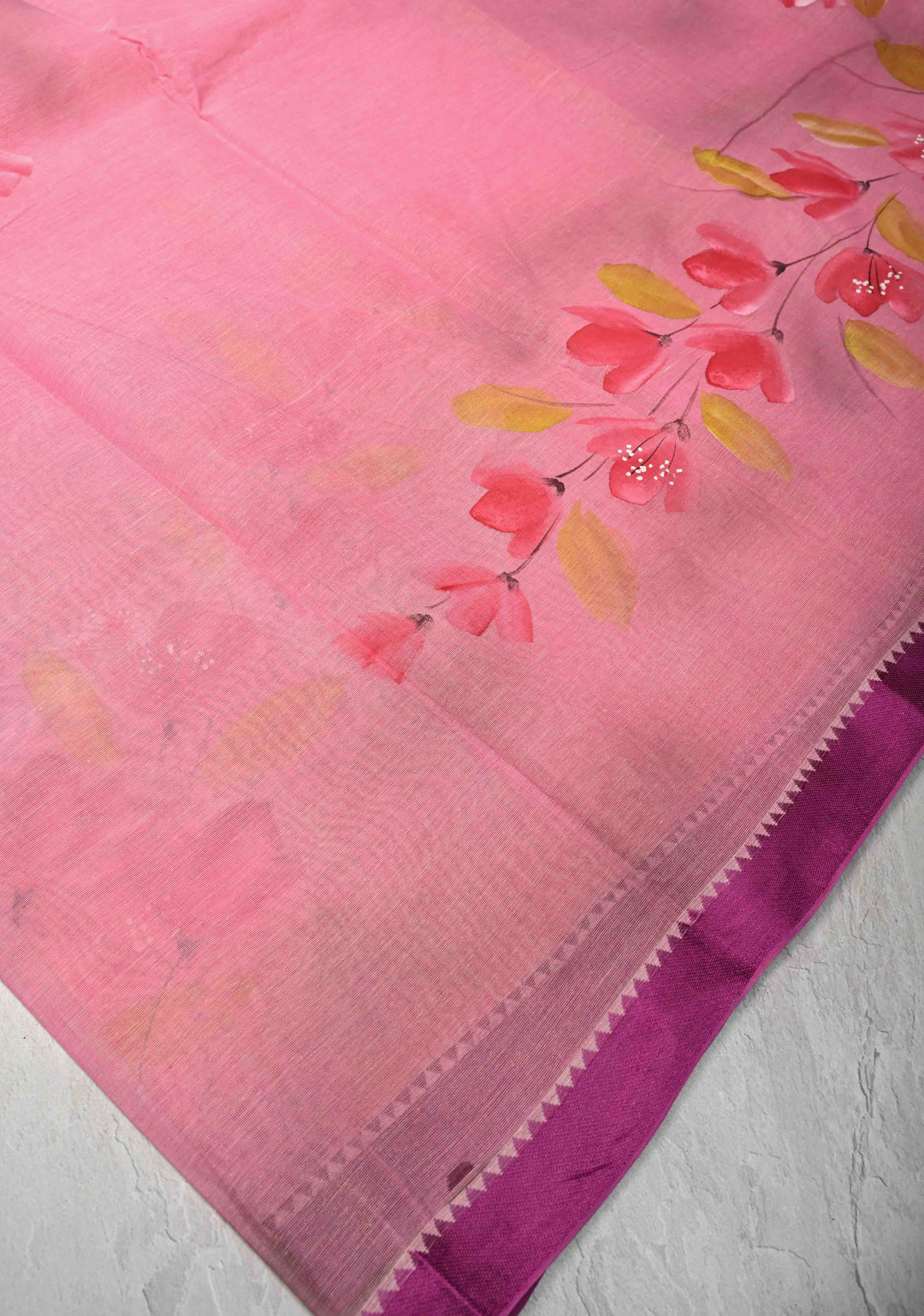 Pink Cotton Saree with Floral Handpainting and Minimal Borders , No Blouse Piece