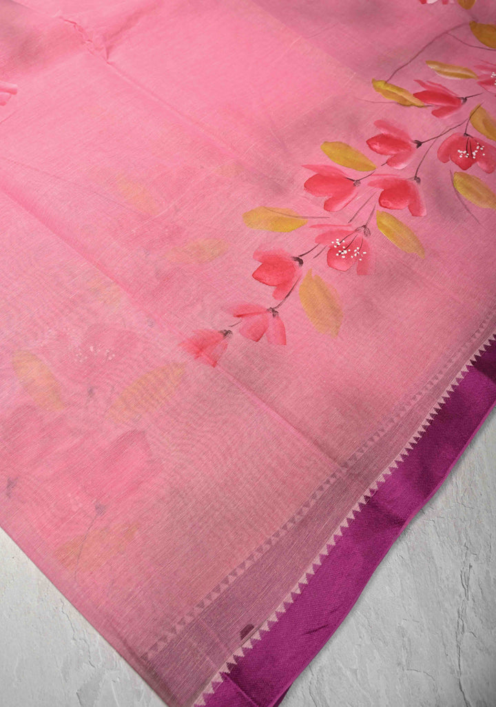 Pink Cotton Saree with Floral Handpainting and Minimal Borders , No Blouse Piece