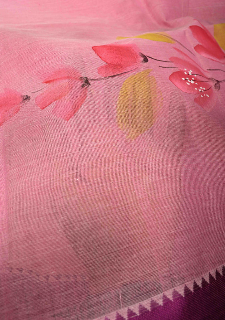 Pink Cotton Saree with Floral Handpainting and Minimal Borders , No Blouse Piece