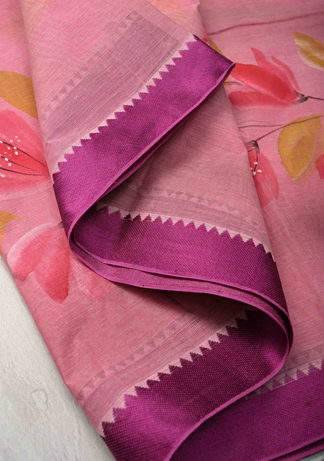 Pink Cotton Saree with Floral Handpainting and Minimal Borders , No Blouse Piece