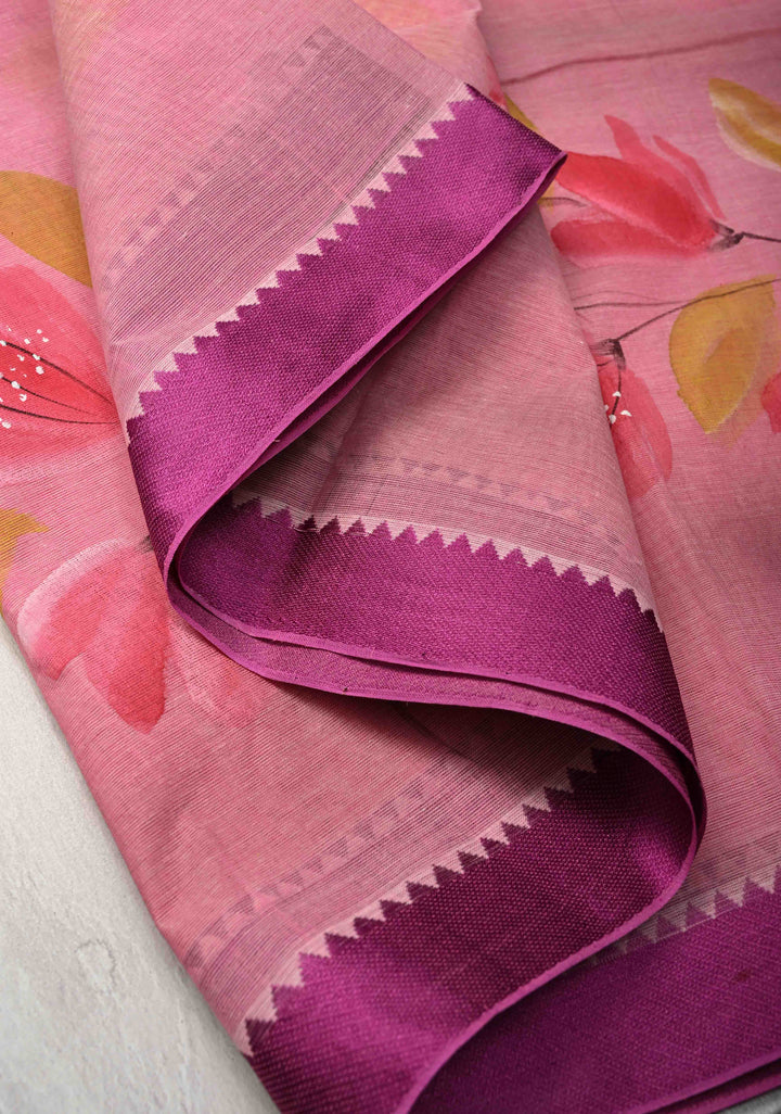 Pink Cotton Saree with Floral Handpainting and Minimal Borders , No Blouse Piece