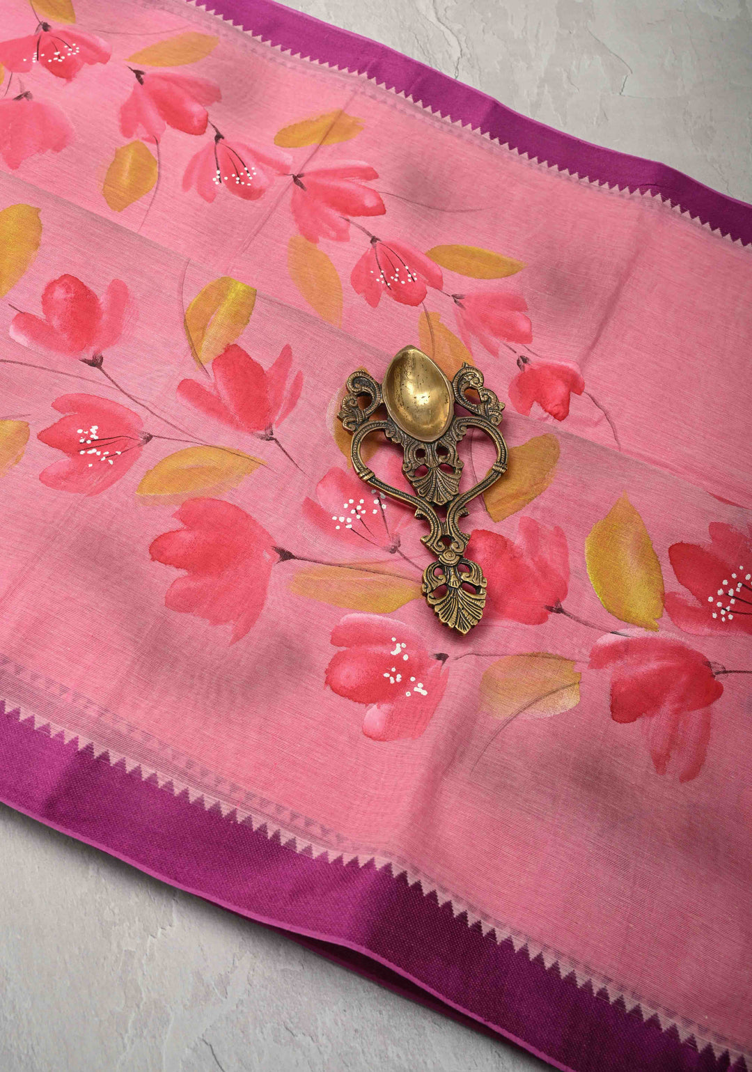 Pink Cotton Saree with Floral Handpainting and Minimal Borders , No Blouse Piece