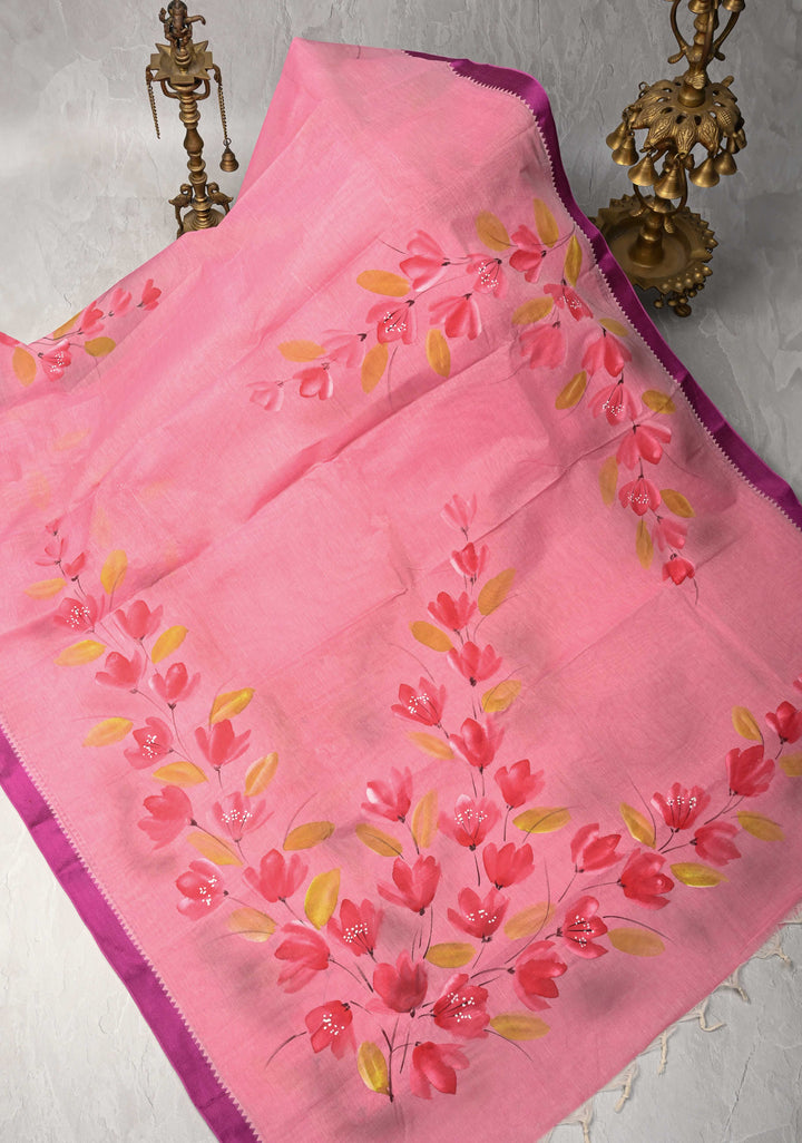 Pink Cotton Saree with Floral Handpainting and Minimal Borders , No Blouse Piece