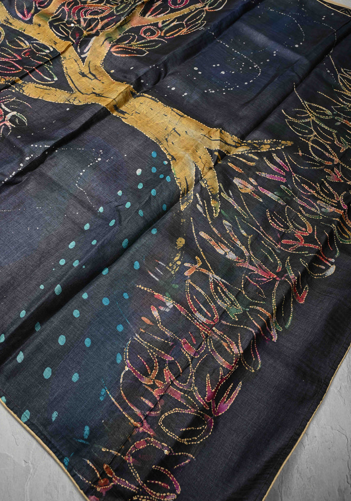 Charcoal Black Tussar Silk Saree with Indonesian Hand Batik Print and Kantha Hand Embroidery | SILK MARK CERTIFIED