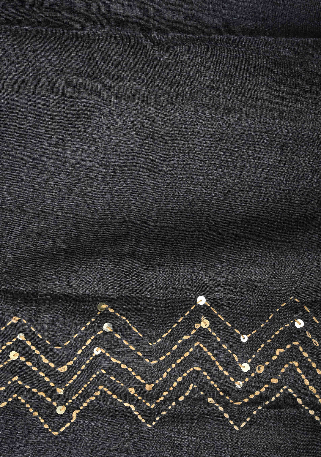 Charcoal Black Tussar Silk Saree with Indonesian Hand Batik Print and Kantha Hand Embroidery | SILK MARK CERTIFIED