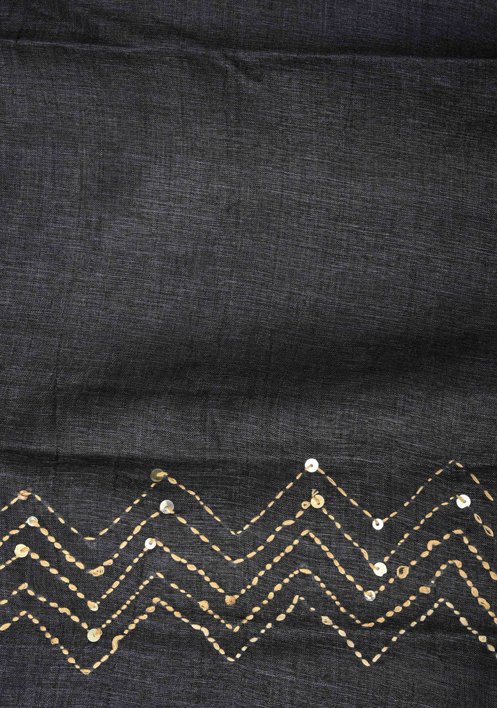 Charcoal Black Tussar Silk Saree with Indonesian Hand Batik Print and Kantha Hand Embroidery | SILK MARK CERTIFIED