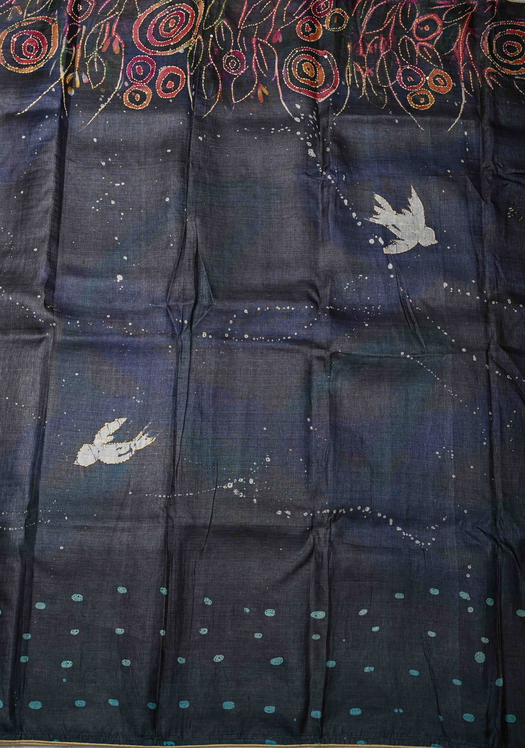 Charcoal Black Tussar Silk Saree with Indonesian Hand Batik Print and Kantha Hand Embroidery | SILK MARK CERTIFIED
