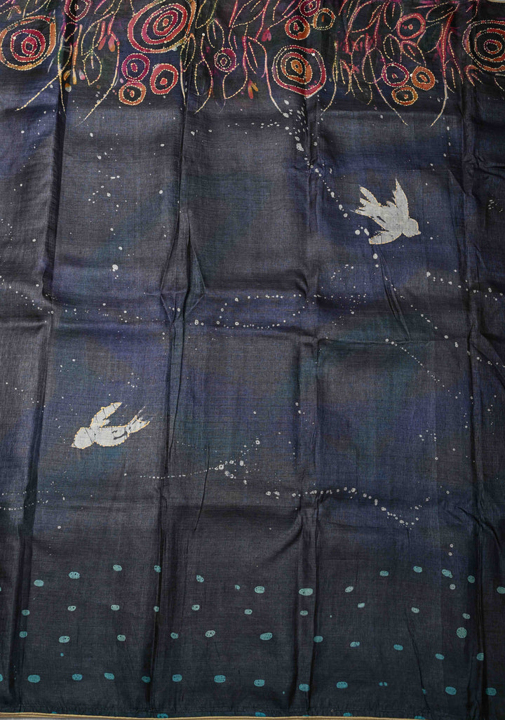 Charcoal Black Tussar Silk Saree with Indonesian Hand Batik Print and Kantha Hand Embroidery | SILK MARK CERTIFIED