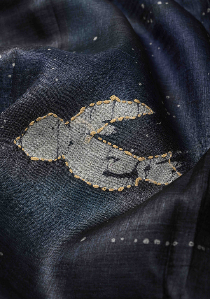 Charcoal Black Tussar Silk Saree with Indonesian Hand Batik Print and Kantha Hand Embroidery | SILK MARK CERTIFIED