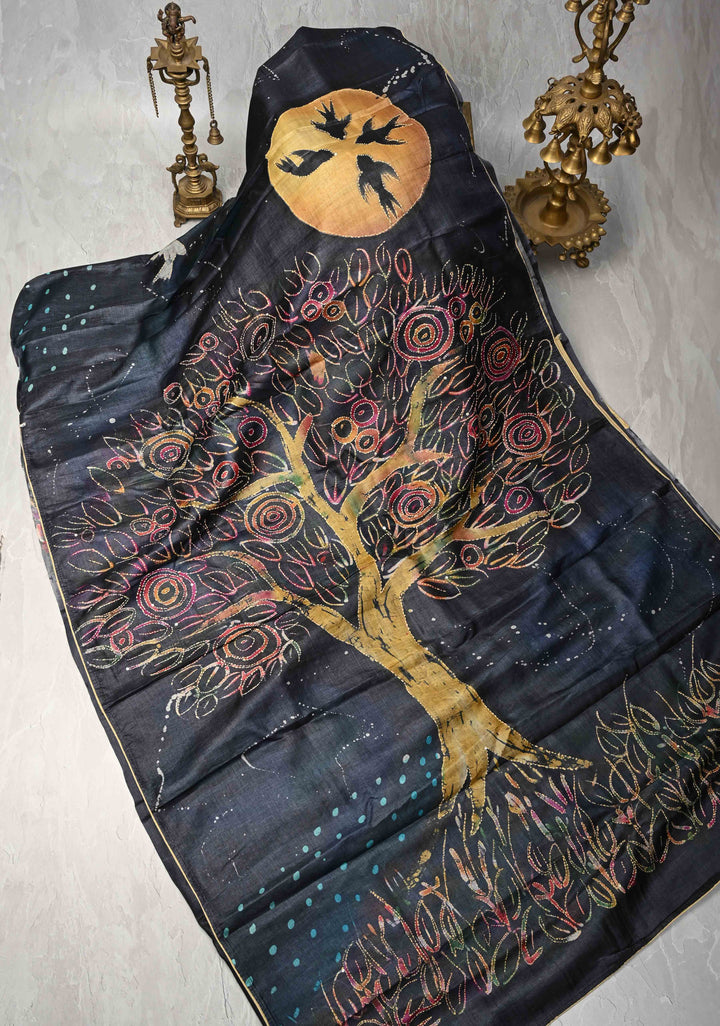 Charcoal Black Tussar Silk Saree with Indonesian Hand Batik Print and Kantha Hand Embroidery | SILK MARK CERTIFIED