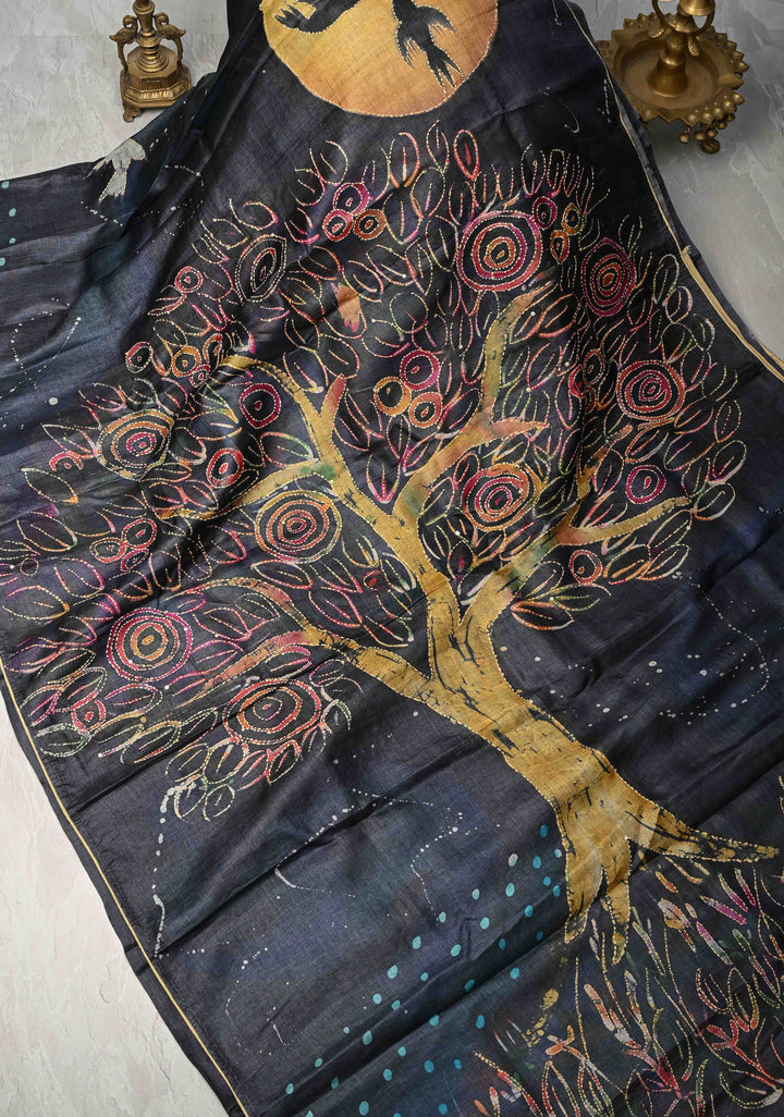 Charcoal Black Tussar Silk Saree with Indonesian Hand Batik Print and Kantha Hand Embroidery | SILK MARK CERTIFIED
